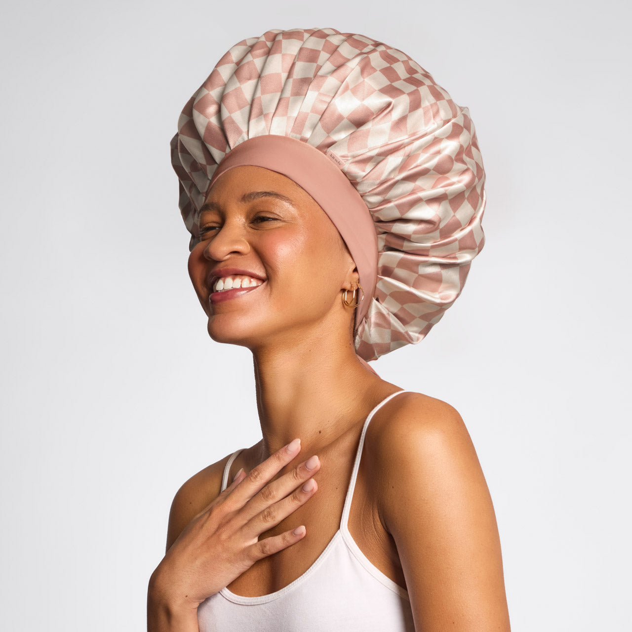 Terracotta Checker Oversized Satin Bonnet - Image 3